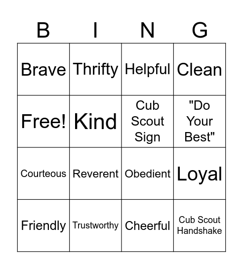 The Scout Law Bingo Card
