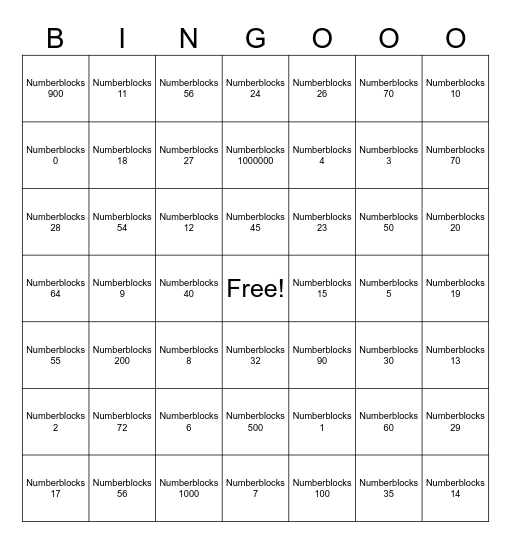 Numberblocks Bingo Card