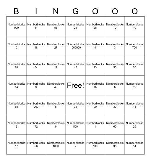 Numberblocks Bingo Card