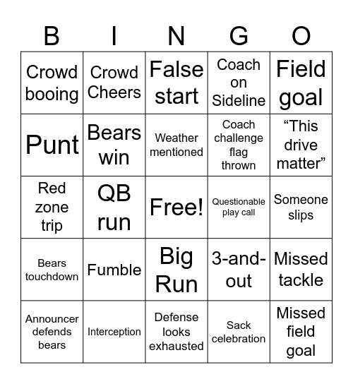 Bears game 🐻 Bingo Card