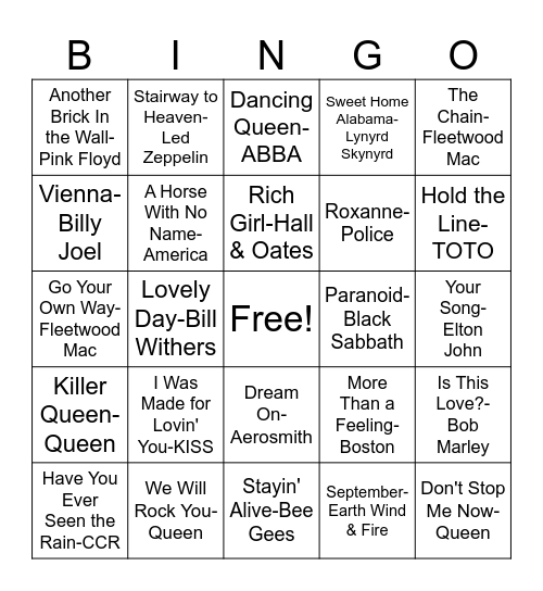 Most Streamed 70's Songs Bingo Card