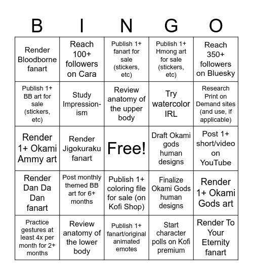 2026 Art Bucket List Bingo! Bingo Card