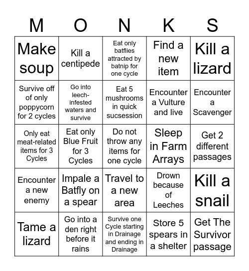 BLACKOUT MONK RAIN WORLD Bingo Card
