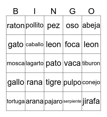 Animal Bingo Card