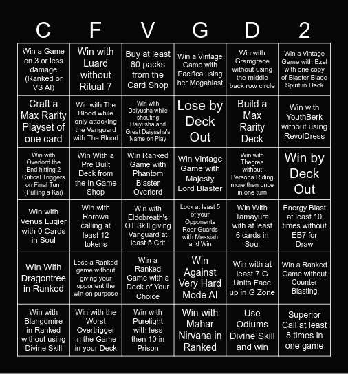 Cardfight Vanguard - Dear Days 2 Bingo Card Challenge Bingo Card