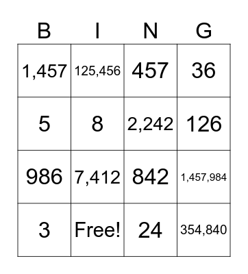 PLACE VALUE BINGO Card