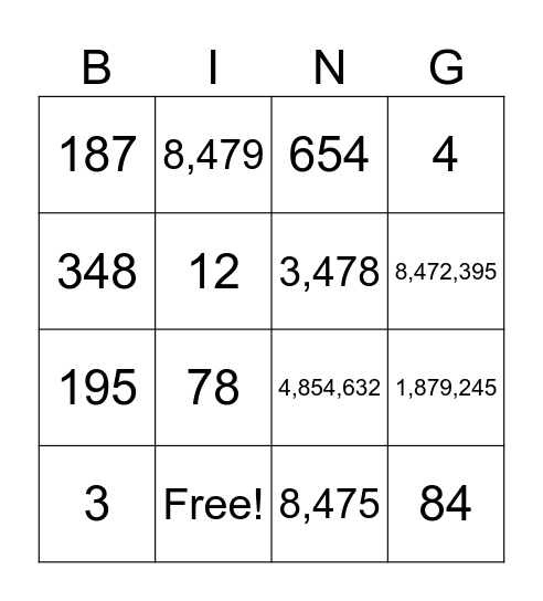 PLACE VALUE BINGO Card