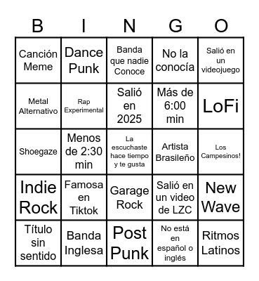Canciones de 2025 Bingo Card