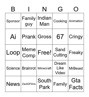 Shorts Bingo Card
