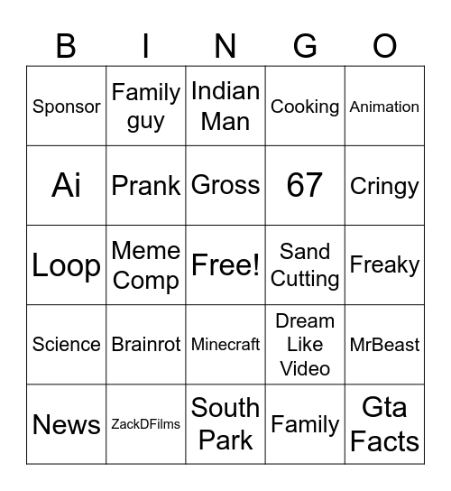 Shorts Bingo Card
