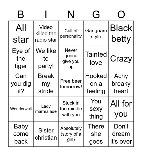One Hit Wonders 2 Bingo Card