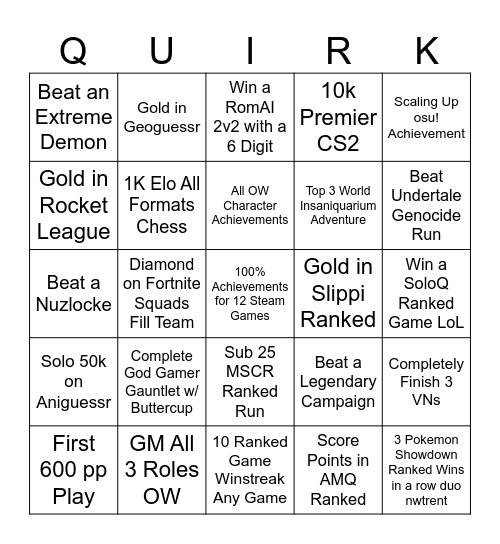 QUIRKAY'S 2026 GAMING GOALS Bingo Card