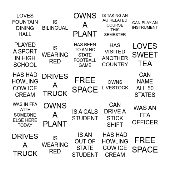 NC STATE FFA - Find Someone Who..... Bingo Card