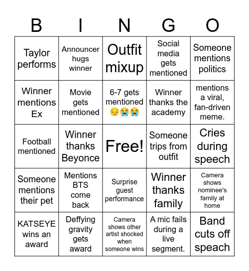 2026 GRAMMYS Bingo Card