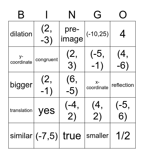 Transformation Bingo Card