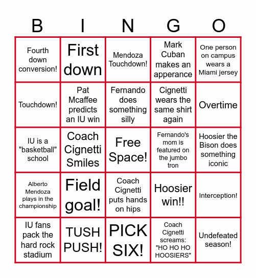 Indiana University National Championship Bingo Card
