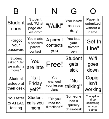 Funny Teacher Phrases Bingo Card