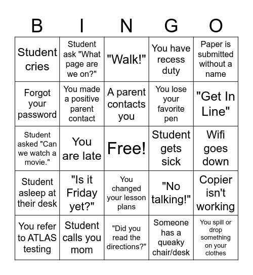 Funny Teacher Phrases Bingo Card