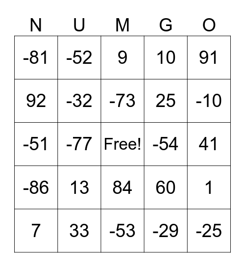 NUMGO Bingo Card