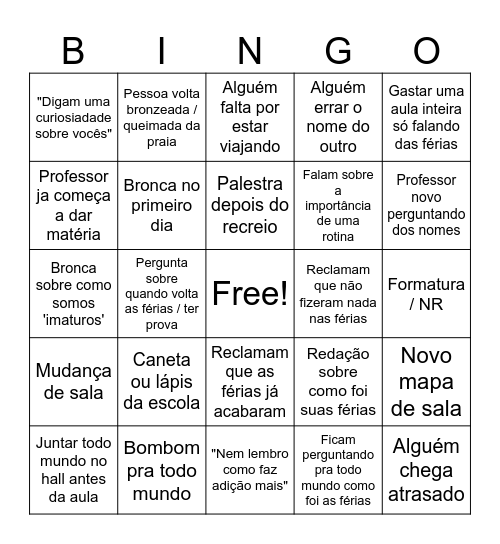 Bingo Volta as Aulas Bingo Card