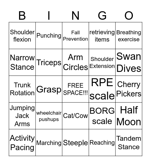 Exercise OT BINGO Card