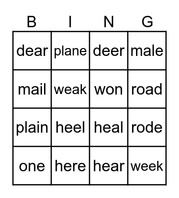 Homophones Bingo Card