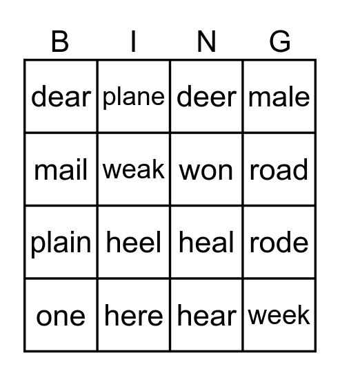 Homophones Bingo Card