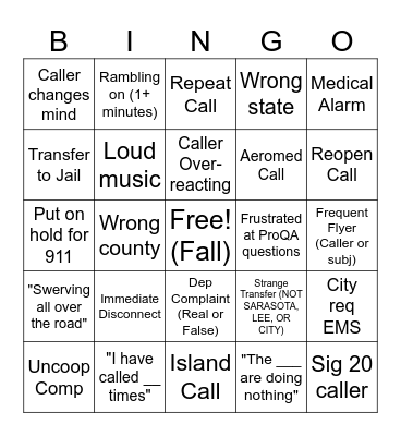 Call-Taker Bingo Card