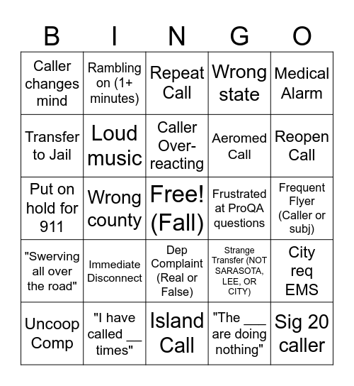 Call-Taker Bingo Card