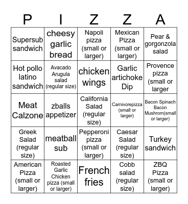 zPizza Tap Room Bingo Card