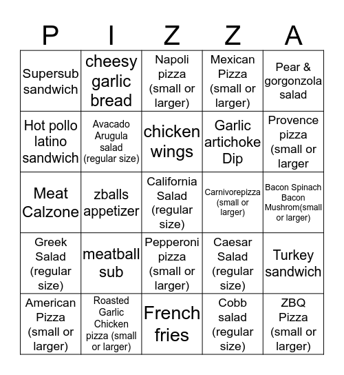 zPizza Tap Room Bingo Card