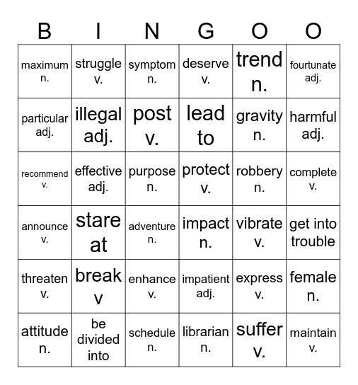 ASA Vocab. Bingo Card