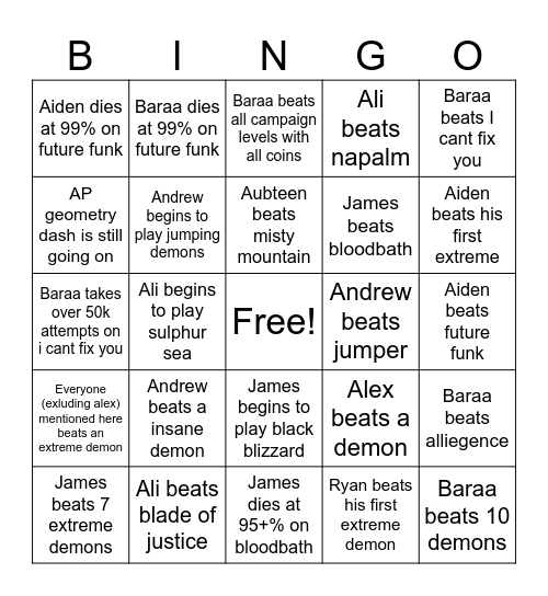 Geometry Dash Bingo for 2027 Bingo Card