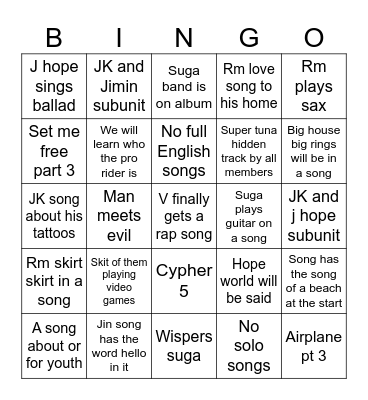 Arirang Bingo Card