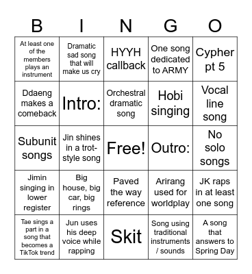 Arirang Bingo Card