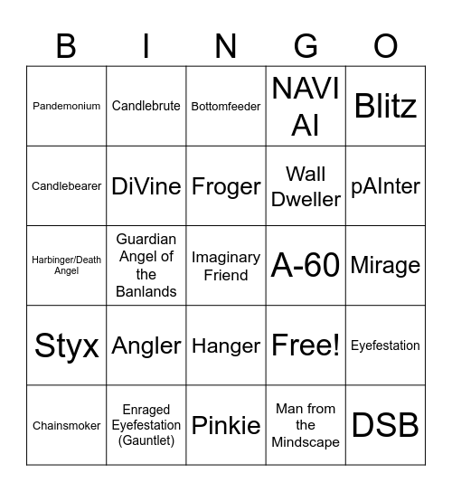 Pressure Entity Endless Bingo Card