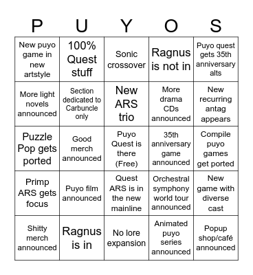 puyo 35th anniversary stream bingo Card