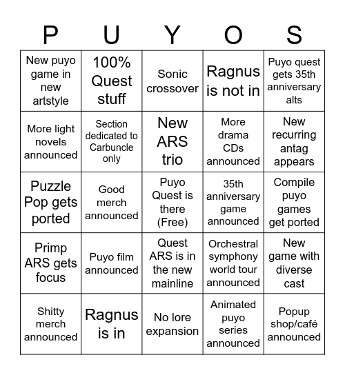puyo 35th anniversary stream bingo Card