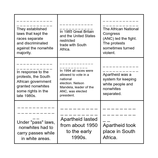Find the questions. Bingo Card