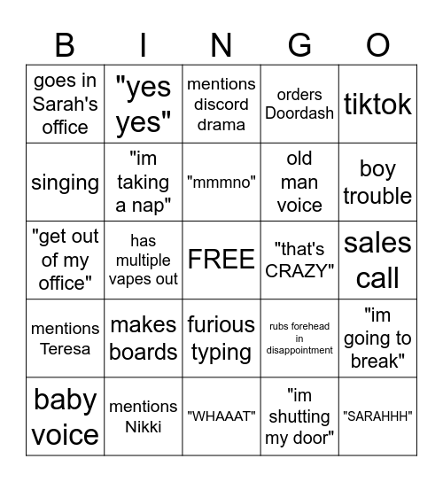 Things Karrie Says/Does Bingo Card