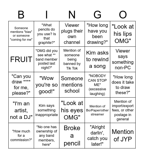Lisa's Live Stream Bingo Card