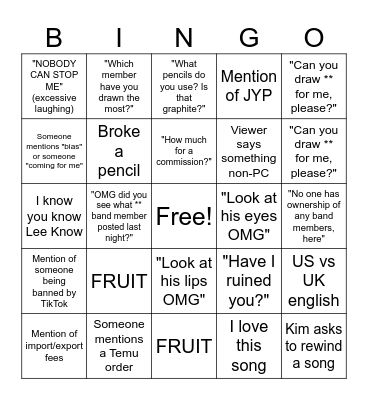 Lisa's Live Stream Bingo Card