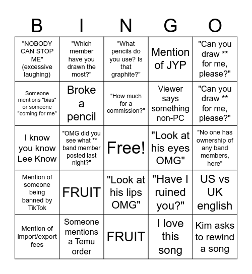 Lisa's Live Stream Bingo Card