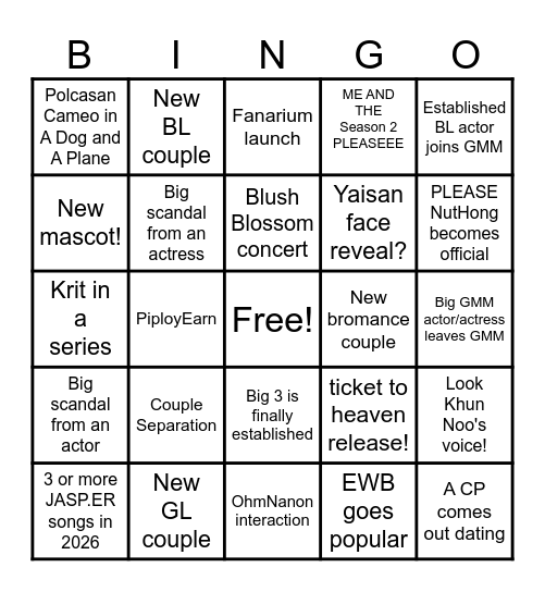 GMMTV 2026 PREDICTIONS Bingo Card