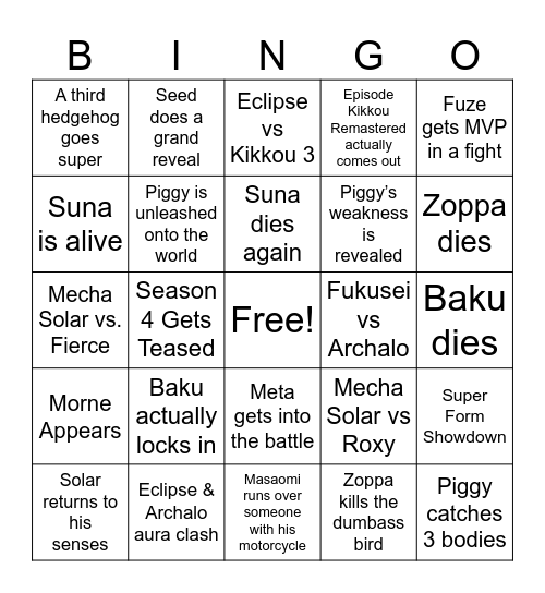 Sonic RP Season 3 Bingo Board Bingo Card