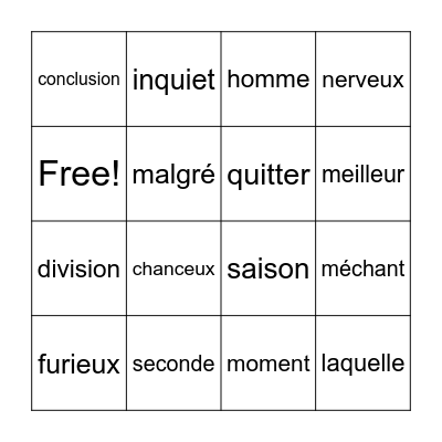 Les mots de la semaine Bingo Card