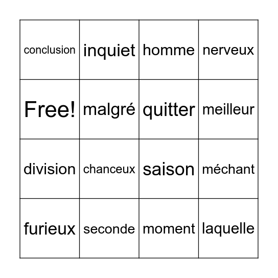 Les mots de la semaine Bingo Card