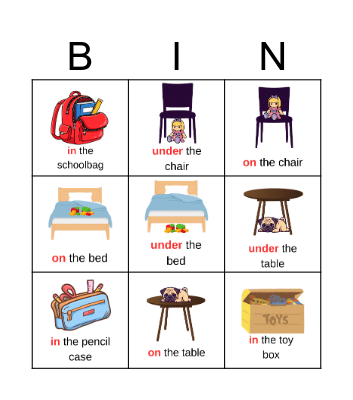 in, on, under Bingo Card