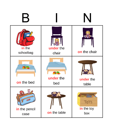 in, on, under Bingo Card
