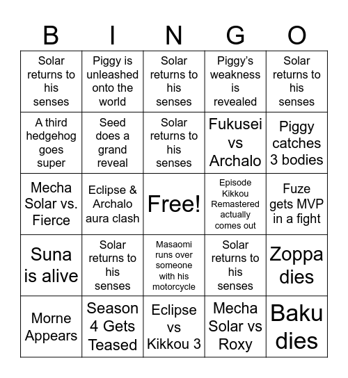 Sonic RP Season 3 Bingo Board Bingo Card
